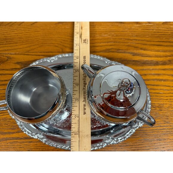 Irvinware Chromeware Cream And Sugar Set With Tray Made In USA Vintage 1970s - Picture 2 of 12